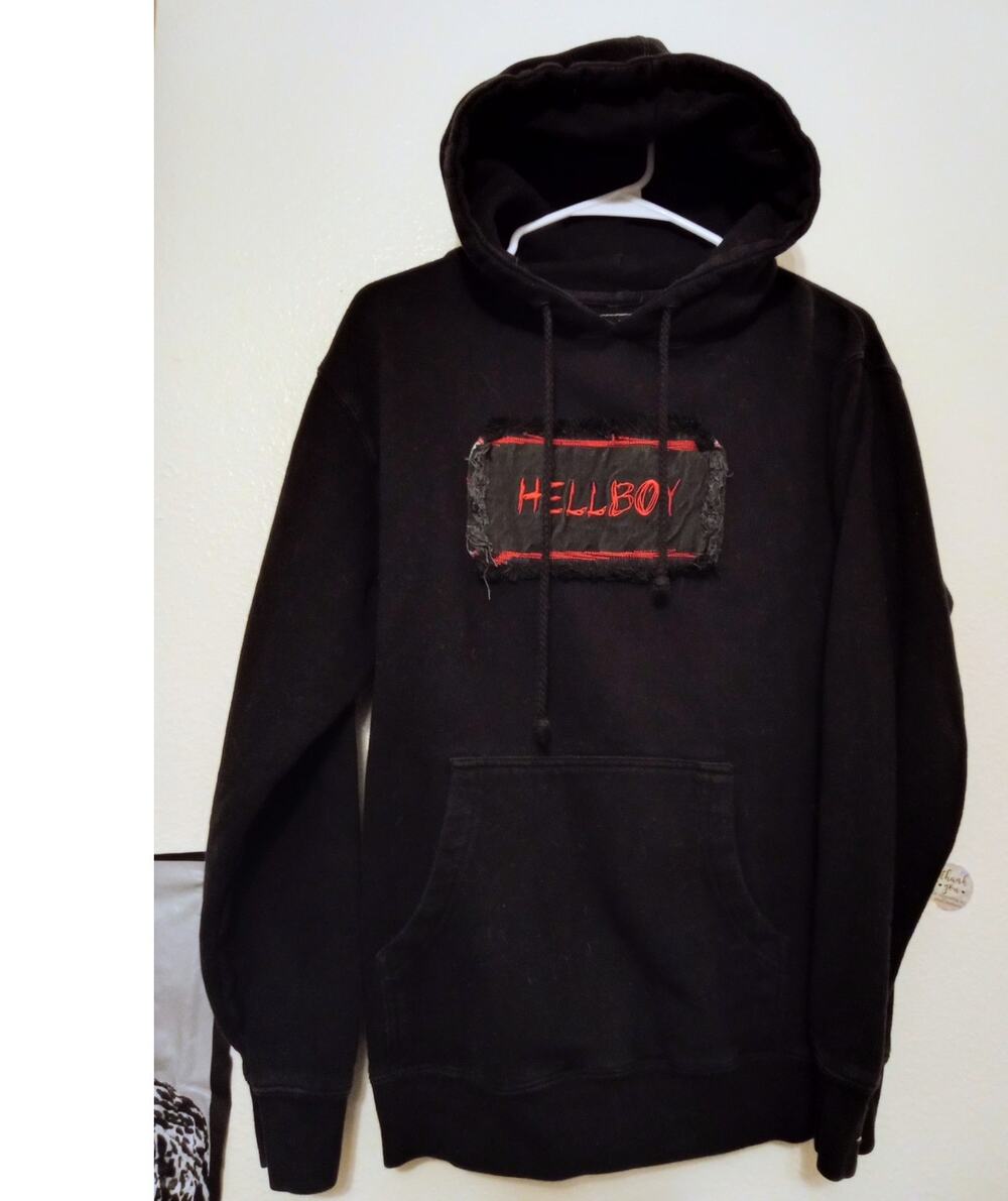 Lil Peep x TooPoor Hellboy Graphic Hoodie Black Red Distressed Denim Patch SZ S